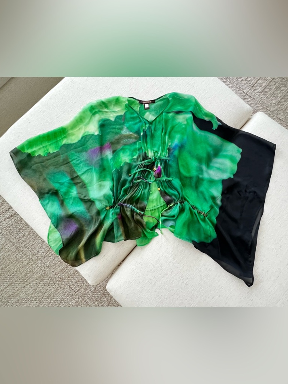 Roberto Cavalli Green Watercolor Green Silk Batwing Women’s Blouse Top Sz One Sz - Picture 6 of 17